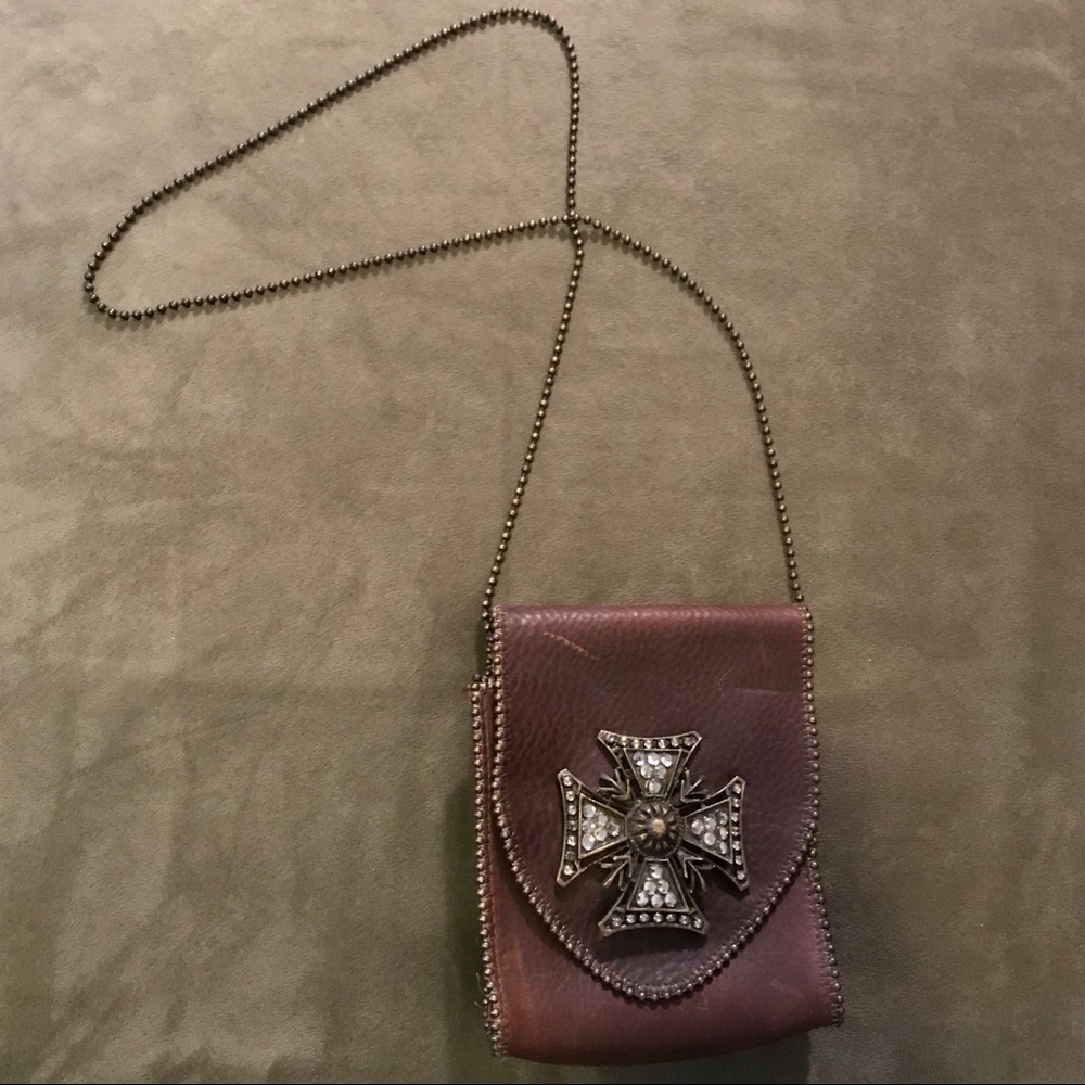 Small brown purse w/metal chain & rhinestone cross